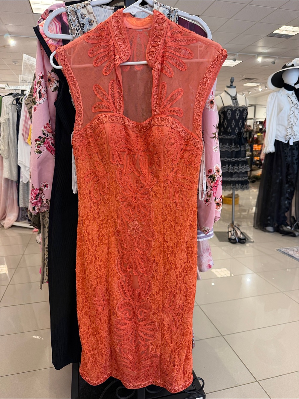 Sue Wong Orange Lace Midi Dress